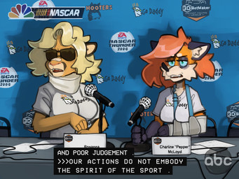 anthro arm_cast arm_sling band-aid band-aid_on_face band-aid_on_nose bandage bandage_on_face bandage_on_nose black_nose blonde_hair blue_sclera breasts bruised bruised_eye chair cheek_tuft chest_tuft clothed clothed_anthro clothed_female clothing dialogue duo ears_down electronics eyewear facial_tuft female fur furniture green_eyes hair half-closed_eyes holding_microphone holding_object inner_ear_fluff interview logo_on_clothing logo_on_shirt microphone narrowed_eyes neck_cast open_mouth orange_body orange_fur paper pivoted_ears red_hair shadow shirt sitting sunglasses t-shirt table tan_body tan_fur text topwear tuft white_clothing white_shirt white_t-shirt white_topwear peppertoasty abc electronic_arts go_daddy hooters nascar nbc pepper_(sketchytoasty) rosanna_(beatleboy62) canid canine cougar felid feline fox mammal 2025 4:3 digital_media_(artwork) digital_painting_(artwork) english_text hi_res painting_(artwork)