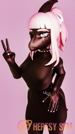 anthro black_body black_scales blue_eyes female gesture hair hand_gesture looking_at_viewer pink_hair scales solo v_sign heresy_sfm goodbye_volcano_high ko_op_(game_developer) morgan_(gvh) dinosaur hadrosaurid ornithischian ornithopod parasaurolophus prehistoric_species reptile scalie 2026 3d_(artwork) 9:16 digital_media_(artwork) hi_res