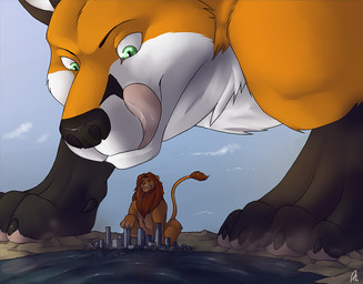 black_body black_fur black_nose blue_sky brown_mane city duo eyes_closed feral fur glistening glistening_eyes green_eyes imminent_vore licking licking_lips licking_own_lips macro male male_feral mane mouth_closed neck_tuft orange_body orange_fur outside pupils sitting size_difference sky slit_pupils tail tail_tuft tongue tongue_out tuft white_body white_fur solaxe_(artist) canid canine felid fox lion mammal pantherine