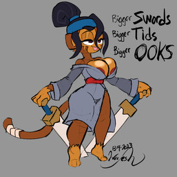 anthro areola areola_slip female female_anthro humor melee_weapon solo sword text tongue tongue_out weapon wayesh bloons_tower_defense ninja_kiwi sauda_(bloons) haplorhine mammal monkey primate 2023 hi_res