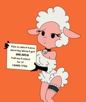 anthro bell bell_collar breasts cleavage clothed clothing collar cowbell female frown holding_object looking_at_viewer simple_background solo text madmax droopy_(series) metro-goldwyn-mayer sheep_wrecked leggy_lamb bovid caprine domestic_sheep mammal sheep 2013 english_text