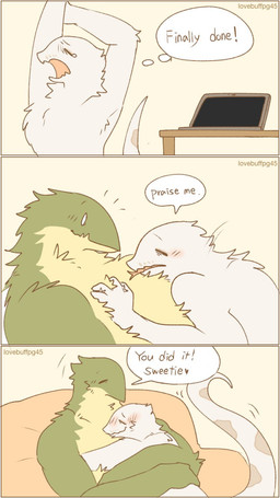 3_panel_comic anthro arm_tuft biped blush cheek_tuft chest_tuft closed_smile computer dialogue duo elbow_tuft electronics eyes_closed facial_tuft forked_tongue fur fur_tuft furniture green_body green_fur head_tuft hug inner_monologue intraspecies laptop lying_on_another male mouth_closed muscular muscular_anthro muscular_male neck_tuft nude nude_anthro nude_male praise romantic romantic_couple side_view simple_background slim slim_anthro slim_male smile sofa speech_bubble table tail tail_motion tan_background tapering_tail text thinking thought_bubble three_row_layout tired tongue tuft white_body white_fur lovebuffpg45 reptile scalie snake 2024 artist_name comic digital_drawing_(artwork) digital_media_(artwork) english_text hi_res