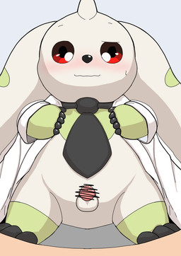 accessory anthro balls blush censored_genitalia censored_penis clothing coat embarrassed erection genitals horn lab_coat long_ears male necktie penis scribble_censorship solo tapering_penis topwear marume bandai_namco digimon digimon_(species) terriermon terriermon_assistant censored