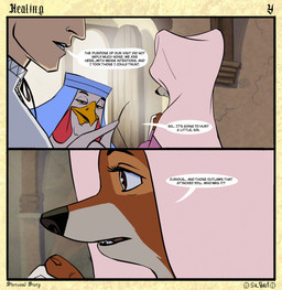 anthro beak bright_light clothing dialogue door eyebrows female group headdress light male narrowed_eyes needle_and_thread nobleman open_door open_mouth raised_eyebrows shirt side_view side_view_panel sitting standing stone_wall text topwear trio wall_(structure) white_clothing white_light white_shirt white_topwear wood wood_door sir_paulus disney robin_hood_(disney) lady_kluck maid_marian pavel_(sir_paulus) avian bird canid canine canis chicken fox galliform human mammal phasianid english_text hi_res