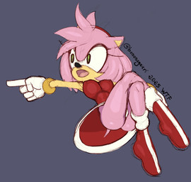 accessory anthro boots bracelet butt clothing crossed_legs dress female footwear gesture gloves green_eyes hair_accessory hairband hand_gesture handwear jewelry panties pink_body pointing shoes solo tail tan_body tan_skin underwear bananagaari sega sonic_the_hedgehog_(series) amy_rose eulipotyphlan hedgehog mammal hi_res