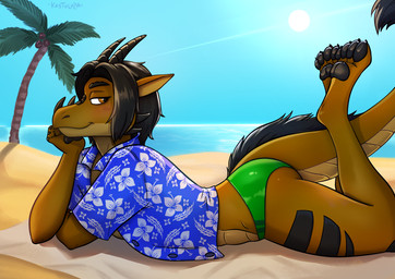 aloha_shirt anthro beach bedroom_eyes blush clothed clothing feet fingers hair half-closed_eyes looking_at_viewer lying male narrowed_eyes on_front outside pattern_clothing pattern_shirt pattern_topwear pawpads raised_foot sand seaside seductive shirt solo speedo swimwear tail toes topwear towel water kastoluza mythology dragon mythological_creature mythological_scalie scalie digital_media_(artwork)