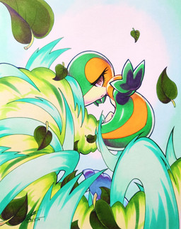 3_fingers ambiguous_gender anthro blue_feet blush blush_lines brown_eyes duo eyelashes feet feral fingers green_body hand_to_viewer leaf looking_at_viewer markings multicolored_body neck_collar open_mouth pose simple_background swirl tan_body yellow_eyelids 025aki nintendo pokemon generation_5_pokemon oshawott pokemon_(species) snivy absurd_res hi_res