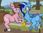 bench cutie_mark duo eye_contact female feral flower grass leaf looking_at_another male outside park plant sky tree marsminer hasbro my_little_pony mythology dusty_tomes serenity_(serenity) avian equid equine gryphon horse mammal mythological_avian mythological_creature pony hi_res