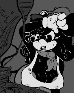 anthro areola areola_slip ascot black_body black_fur bodily_fluids bra breasts cartoon_gloves cleavage clothed clothing eyewear eyewear_on_head female fur goggles goggles_on_head grey_areola lipstick makeup mechanic nipple_outline sagging_breasts solo sports_bra sweat sweatdrop underwear conditional_dnp fervourbunny mouse:_p.i._for_hire tammy_tumbler mammal mouse murid murine rodent 4:5 absurd_res greyscale hi_res monochrome sketch