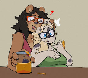 alternate_species anthro blonde_hair blue_eyes bottle breasts brown_body brown_fur brown_hair claws clothing container duo eyewear female female/female food fur glasses green_clothing hair heart_symbol honey_(food) implied_transformation one_eye_closed open_mouth pawpads red_clothing red_eyewear red_glasses shirt simple_background smile surprised topwear cinnamimi alice_lovage samantha_(cinnamimi) bear mammal 2024 digital_media_(artwork)