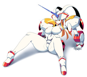 big_breasts breasts featureless_breasts featureless_crotch female horn machine mecha not_furry simple_background sitting solo spreading spread_legs white_background yellow_eyes sinensian darling_in_the_franxx studio_trigger strelizia android humanoid robot robot_humanoid absurd_res hi_res