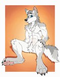 abs anthro arm_tuft blue_eyes cheek_tuft crotch_tuft facial_tuft featureless_crotch front_view fur glistening glistening_eyes grey_body grey_fur head_tuft knee_tuft leg_tuft looking_at_viewer male muscular muscular_anthro muscular_male neck_tuft nude pecs shoulder_tuft simple_background sitting solo spread_legs spreading text tuft white_body white_fur yookie canid canine canis mammal wolf artist_name full-length_portrait hi_res portrait