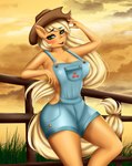 2021 absurd_res anthro applejack_(mlp) ashimaroo blush clothed clothing digital_media_(artwork) equid equine eyebrows eyelashes female fence fingers friendship_is_magic green_eyes hasbro hat headgear headwear hi_res looking_at_viewer mammal my_little_pony outside solo