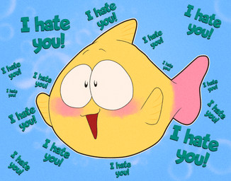 ambiguous_gender blue_background blush feral fin looking_at_viewer open_mouth open_smile pink_tail_fin simple_background smile smiling_at_viewer solo tail tail_fin text toony yellow_body saltypupcake aquatic fish 2025 digital_media_(artwork) english_text hi_res