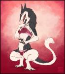 anthro border breasts clothed clothing female genitals lingerie looking_at_viewer mammal nipples open_mouth panties pussy red_border sergal solo spottyjaguar tail tongue tongue_out underwear