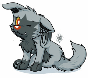 ambiguous_gender black_inner_ear black_nose fangs featureless_crotch feral floppy_ears fur grey_body grey_ears grey_fur grey_hair grey_pawpads hair monotone_hair monotone_inner_ear multicolored_body multicolored_fur one_eye_closed pawpads quadruped red_eyes scratching simple_background solo teeth two_tone_body two_tone_fur white_background gaokun nintendo pokemon canid canine generation_3_pokemon mammal pokemon_(species) poochyena 2015 watermark