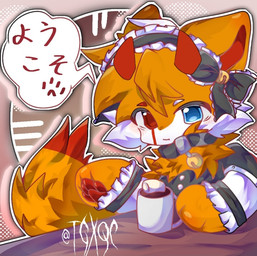 2_horns abstract_background ambiguous_gender anthro bell bell_collar black_bow black_clothing black_collar black_topwear blue_eyes bow_accessory clothing collar container countershade_face countershading cup dipstick_tail fur fur_markings head_bow head_tuft heterochromia horn markings mug neck_tuft orange_body orange_fur outline pawpads red_eyes red_horn red_inner_ear red_pawpads solo speech_bubble tail tail_markings text topwear tuft white_markings white_outline tgxqc digital_drawing_(artwork) digital_media_(artwork) half-length_portrait japanese_text portrait shaded