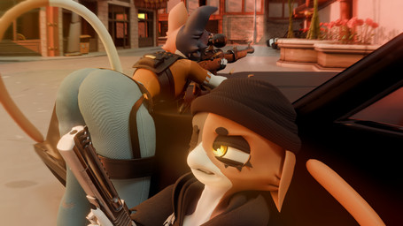 anthro athletic athletic_anthro athletic_female big_butt black_body black_fur butt duo female fur gun orange_body orange_fur ranged_weapon thick_thighs weapon white_body white_fur samtrix seriuswolf_(modeler) epic_games fortnite cate_meowdy meow_skulls felid feline mammal 16:9 3d_(artwork) 4k absurd_res digital_media_(artwork) hi_res widescreen