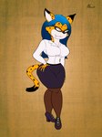 anthro big_breasts blue_hair bottomwear breasts clothing dress_shirt eyewear female footwear glasses hair high_heels jenny_the_serval(sinisterserval) librarian pencil_skirt shirt shoes sinisterserval skirt smile smirk solo topwear unknown_artist felid feline mammal serval 3:4 hi_res