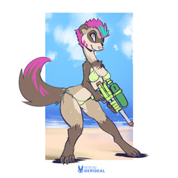anthro bikini breasts clothing female fur hair leg_markings markings pink_nose purple_hair socks_(marking) solo swimwear tail toy toy_gun two-piece_swimsuit water_gun wet yellow_eyes kiaun super_soaker brolly_ferret domestic_ferret mammal mustelid musteline true_musteline weasel 1:1 hi_res