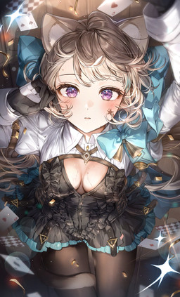 animal_ears black_clothing black_legwear black_tights blush breasts card cleavage clothed clothed_female clothed_humanoid clothing dress female fully_clothed fully_clothed_female fully_clothed_humanoid gloves grey_hair hair handwear legwear lens_flare light_body light_skin playing_card purple_eyes solo tail tights pillo_0000 genshin_impact mihoyo lynette_(genshin_impact) animal_humanoid cat_humanoid felid felid_humanoid feline feline_humanoid humanoid mammal mammal_humanoid hi_res