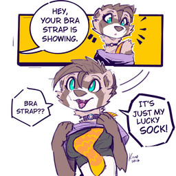 anthro bra brown_body brown_fur brown_hair clothed clothing clothing_lift collar dialogue female footwear fur green_eyes hair offscreen_character open_mouth shirt shirt_lift socks solo text topwear underwear kiaun bra_strap_showing_(meme) derideal mix_(derideal) domestic_ferret mammal mustelid musteline true_musteline weasel 2026 comic english_text hi_res meme