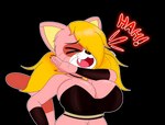 anthro big_breasts blonde_hair breasts cleavage clothed clothing female fur hair jewelry laugh necklace ojou_laugh pink_body pink_fur smug solo thespeedyraisin bomberman bomberman_hero konami natia domestic_cat felid feline felis mammal absurd_res alpha_channel hi_res