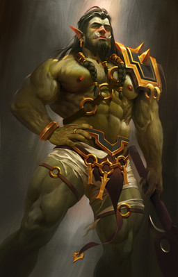 beard biceps ear_piercing ear_ring facial_hair fangs green_body green_skin humanoid_pointy_ears male muscular muscular_humanoid muscular_male nipples pecs piercing pointy_ears ring_piercing solo teeth qai_san blizzard_entertainment warcraft thrall_(warcraft) humanoid orc absurd_res hi_res