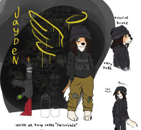 alternative_fashion anthro beanie black_clothing black_hoodie black_topwear clothing dreadlocks emo eye_bags graffiti green_eyes gun hair hair_over_eye hat headgear headwear hoodie male orphan oversized_clothing paint ranged_weapon solo spray_paint text topwear toy toy_gun weapon young xilewolf jayden_(xilewolf) canid canine canis domestic_dog mammal english_text