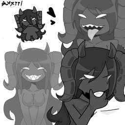 breasts duo featureless_breasts female male male/female oral suggestive anonymous_artist the_binding_of_isaac_(series) siren_(tboi) demon humanoid succubus 1:1 hi_res monochrome