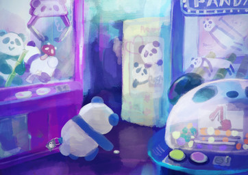 ambiguous_gender biped chibi coin detailed_background feral fur inside kemono multicolored_body multicolored_fur plushie semi-anthro solo two_tone_body two_tone_fur white_body white_fur araru bear giant_panda mammal 2020 absurd_res hi_res