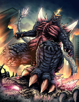 4_fingers 4_toes arm_spikes biped building claws duo feet fingers gills glowing glowing_gills glowing_mouth glowing_spikes pink_eyes red_body red_scales scales shoulder_spikes skyscraper spiked_tail spikes spikes_(anatomy) stepped_on tail toes thomdotartz godzilla_(series) toho godzilla spacegodzilla alien kaiju hi_res