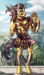 animal_genitalia animal_penis anthro armor battle_skirt black_hair bodily_fluids dripping equine_genitalia equine_penis erection fur genital_fluids genital_piercing genitals gladiator hair headgear helmet horn long_hair male medial_ring melee_weapon penis penis_piercing piercing precum precum_drip shield sword warrior weapon yellow_body yellow_fur jedayskayvoker hasbro my_little_pony mythology fan_character equid equine mammal mythological_creature mythological_equine unicorn absurd_res hi_res