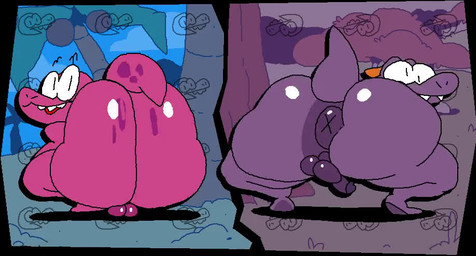 anthro anus ass_clapping balls bent_over big_butt black_border blue_collar border bouncing_balls bouncing_penis butt collar conjoined_eyes cross-eyed crouching darkened_balls darkened_genitalia darkened_penis detailed_background duo freckled_butt freckled_tail freckles genitals glans huge_butt looking_at_viewer looking_back looking_back_at_viewer male male/male nude open_mouth open_smile outside penis pink_body pink_penis pink_skin pink_tail plant presenting presenting_hindquarters puffy_anus pupils purple_anus purple_balls purple_body purple_glans purple_penis purple_skin red_tongue shaking_butt sharp_teeth slit_pupils small_tail smile snout tail teeth thick_thighs tongue tree twerking white_sclera wide_hips x_anus superiorfox gameoverse glitch_productions boggles_(chimtopia) fan_character gobbles_(gameoverse) dinosaur learnosaurus prehistoric_species reptile scalie 2026 2:1 2d_animation animated colored digital_media_(artwork) flat_colors frame_by_frame loop no_sound short_playtime video widescreen