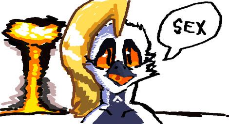 ambiguous_gender anthro beak black_body black_eyeshadow blonde_hair explosion eyeshadow glowing glowing_mouth hair makeup open_mouth orange_sclera simple_background solo text white_background argentvasimr aster_sinclair avian digital_media_(artwork) english_text