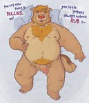 anthro beard bed belly big_belly body_hair chest_hair dialogue facial_hair furniture genitals hair half-erect humanoid_genitalia humanoid_penis lying male manly nipple_piercing nipples nude on_back on_bed orange_hair overweight overweight_anthro overweight_male penis piercing pubes solo teasing text buffalonickels hewland_(buffalonickels) canid canine canis domestic_dog mammal english_text