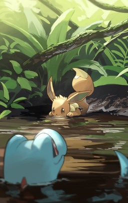 ambiguous_gender blue_body brown_body brown_eyes brown_fur drinking duo feral fur paws plant red_eyes tail water hakkentai_pkdn nintendo pokemon crocodilian eevee generation_1_pokemon generation_2_pokemon pokemon_(species) reptile scalie totodile 2025 hi_res