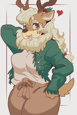 anthro antlers bottomwear breasts brown_eyes clothing eyelashes female green_clothing green_sweater green_topwear hair_bobbles hand_behind_head heart_symbol holly_(plant) horn lips neck_tuft pants plant shirt simple_background solo sweater tail tan_bottomwear tan_clothing tan_pants topwear tuft white_background white_clothing white_shirt white_topwear sanjiro nakai_(sanjiro) deer mammal new_world_deer reindeer
