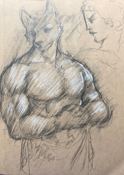 abs angry anthro clothed clothing duo ears_up female female_human hair hands_together looking_at_another looking_down male male/female male_anthro muscular muscular_anthro muscular_male topless topless_anthro topless_male reynard_goodfellow canid canine canis human mammal wolf monochrome