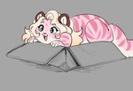 anthro blonde_hair blue_eyes box chibi container female fur glistening glistening_eyes hair markings open_mouth open_smile pink_body pink_fur smile solo striped_arms striped_back striped_legs striped_markings striped_tail stripes tail tail_markings wavy_hair white_body white_fur tiggybloom marzipan_(spottedtigress) felid mammal 2023