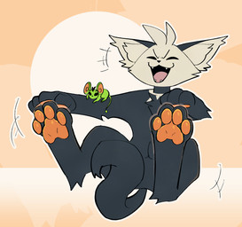 ambiguous_gender anthro duo eyes_closed feral open_mouth orange_pawpads pawpads paws tail dogtober dizzy_(dizzymilky) saturday_(dogtober) alien domestic_cat felid feline felis mammal mouse murid murine rodent