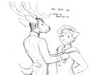 anthro antlers dialogue duo eyes_closed horn male medal sailor_uniform smile text hladilnik deer_admiral_(hladilnik) ship's_catboy_(hladilnik) deer domestic_cat felid feline felis mammal 2025 black_and_white english_text hi_res monochrome sketch