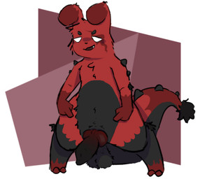 balls belly belly_markings black_markings ear_markings evil_grin genitals gesture gloves_(marking) hand_gesture knot knotted_penis leg_markings male markings open_mouth penis pointing pointing_at_penis presenting red_body red_penis saggy_balls scales scar simple_background smile socks_(marking) solo spread_legs spreading tail_fur teeth_showing white_eyes coppermonoxide rain_world videocult slugcat shaded simple_shading
