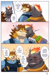 anthro blush countershading dialogue duo fire firefighter flaming_hair flaming_mane kissing male male/male police police_officer pseudo_hair pseudo_mane text chuurow lifewonders live_a_hero barrel_(live_a_hero) furlong_(live_a_hero) canid canine canis hyena mammal wolf 2:3 comic english_text hi_res