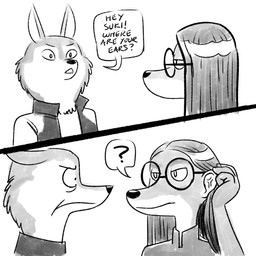 anthro body_horror dialogue duo female horrified human_ears humor reveal shocked speech_bubble two_panel_image unimpressed carelessdoodler illumination_entertainment sing_(movie) porsha_crystal suki_lane canid canine canis domestic_dog hunting_dog mammal saluki sighthound wolf 1:1 comic monochrome