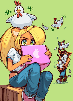 ambiguous_gender anthro blonde_hair bottomwear box clothed clothing computer container crate electronics female fingerless_gloves footwear gloves green_eyes group hair handwear laptop long_hair loose_feather male pants shirt simple_background sitting topwear wamudraws activision crash_bandicoot_(series) coco_bandicoot crash_bandicoot avian bandicoot bird chicken galliform mammal marsupial phasianid 2020 digital_media_(artwork) shaded brother_(lore) brother_and_sister_(lore) sibling_(lore) sister_(lore)