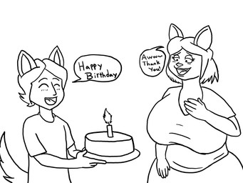 ambiguous_gender anthro big_breasts bottomwear breasts cake candle clothed clothed_anthro clothed_female clothed_humanoid clothing dessert dialogue duo eyes_closed female food holding_object huge_breasts open_mouth open_smile pants shirt smile speech_bubble t-shirt tail text thanking topwear ardhamon june_(jinu) animal_humanoid canid canid_humanoid canine canine_humanoid canis dog_humanoid domestic_dog humanoid mammal mammal_humanoid shiba_inu spitz 2018 4:3 black_and_white digital_drawing_(artwork) digital_media_(artwork) english_description english_text hi_res monochrome