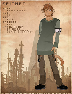 amputee anthro armband beard brown_hair disability facial_hair goatee grey_eyes hair male short_hair solo suspenders tail text j_axer epithet domestic_cat felid feline felis mammal 2008 english_text
