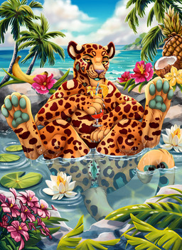animal_genitalia animal_vulva anus beach beverage feline_genitalia feline_vulva female feral flower genitals legs_up lily_pad looking_at_viewer palm_tree partially_submerged pawpads plant sea seaside smile solo tree vulva water xtreme3246 hiru_(zannh) felid leopard mammal pantherine hi_res