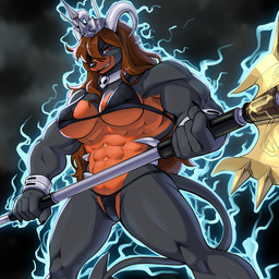 abs anthro anthrofied axe big_breasts bikini black_body breasts brown_hair clothed clothing crown female hair headgear larger_female long_hair looking_at_viewer low-angle_view muscular muscular_anthro muscular_female pokemorph red_eyes size_difference skimpy solo spread_legs spreading swimwear tail thick_thighs two-piece_swimsuit video_game_reference wide_hips iefcuadricula nintendo pokemon yu-gi-oh! diana_za_warudo_(genozawarudo) generation_2_pokemon houndoom pokemon_(species) 1:1 hi_res